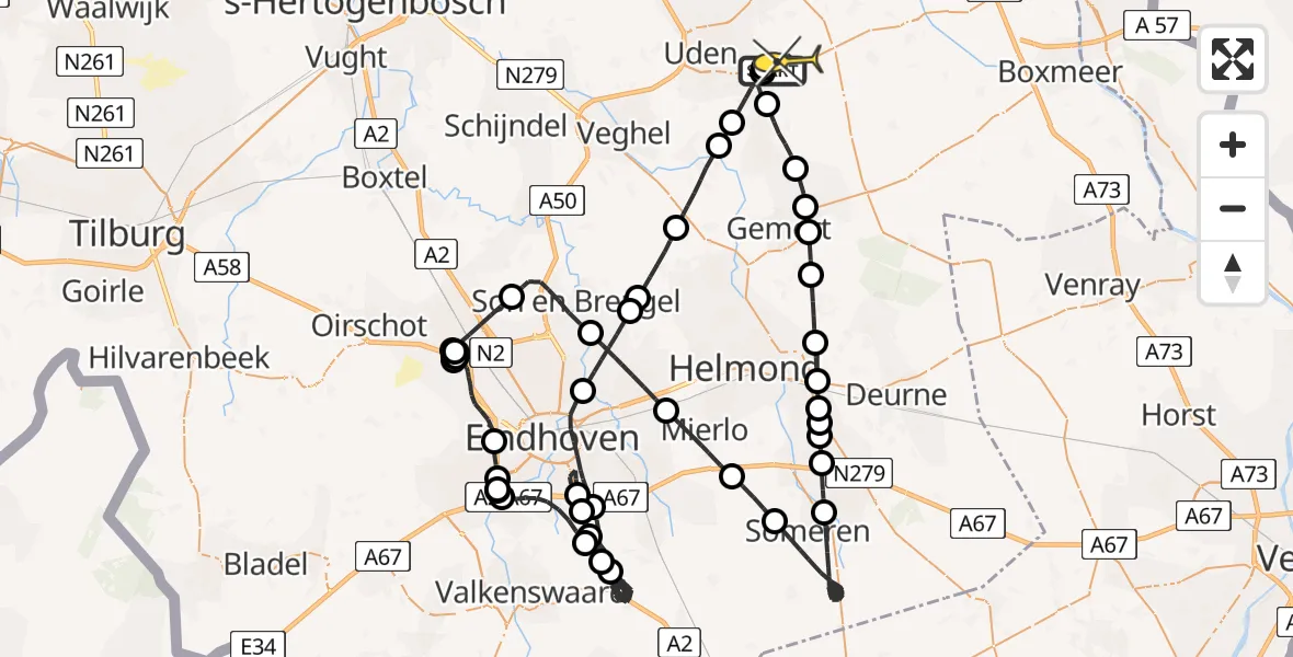 Routekaart van de vlucht: Politieheli naar Vliegbasis Volkel, Antoniusstraat