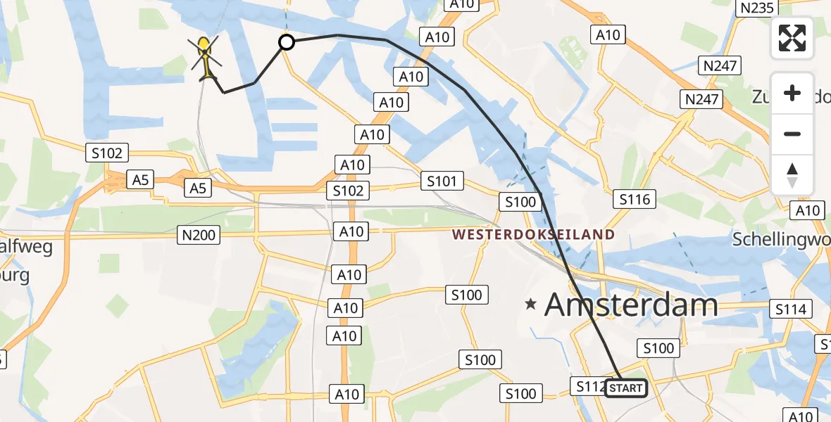 Routekaart van de vlucht: Lifeliner 1 naar Amsterdam Heliport, 's-Gravenhekje