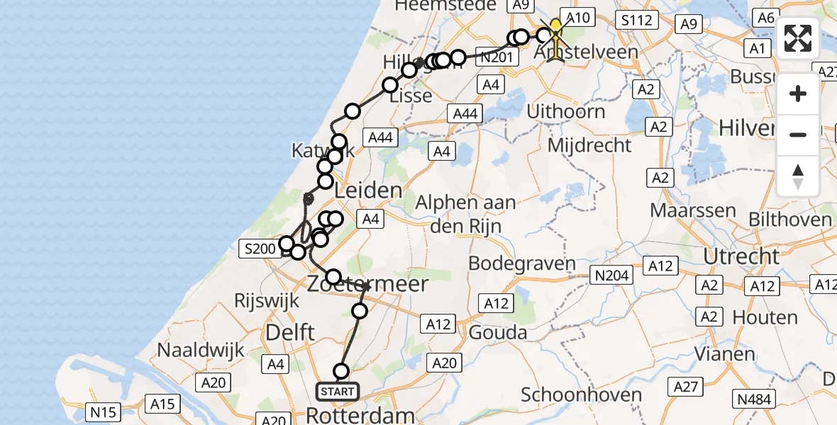 Routekaart van de vlucht: Politiehelikopter naar Schiphol, A16 Rotterdam