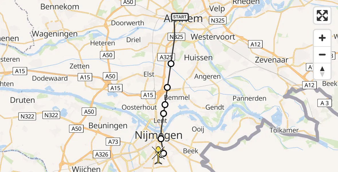 Routekaart van de vlucht: Lifeliner 2 naar Radboud Universitair Medisch Centrum, Meinerswijk/De Praets