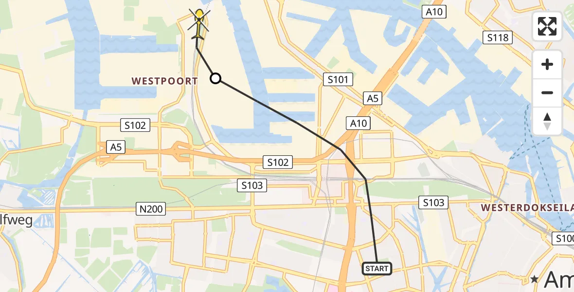 Routekaart van de vlucht: Lifeliner 1 naar Amsterdam Heliport, Erasmuspark