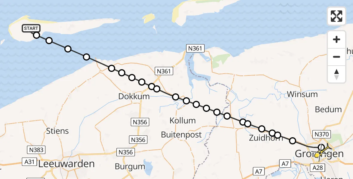 Routekaart van de vlucht: Ambulancehelikopter naar Universitair Medisch Centrum Groningen, Jelmeraweg