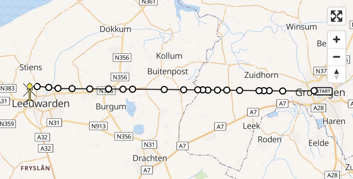 Routekaart van de vlucht: Ambulancehelikopter naar Vliegbasis Leeuwarden, Guyotplein