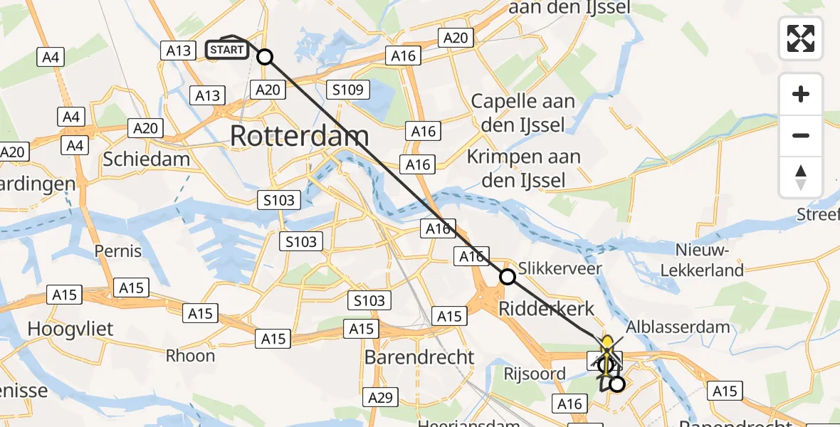 Routekaart van de vlucht: Lifeliner 2 naar Ridderkerk, Fairoaksbaan