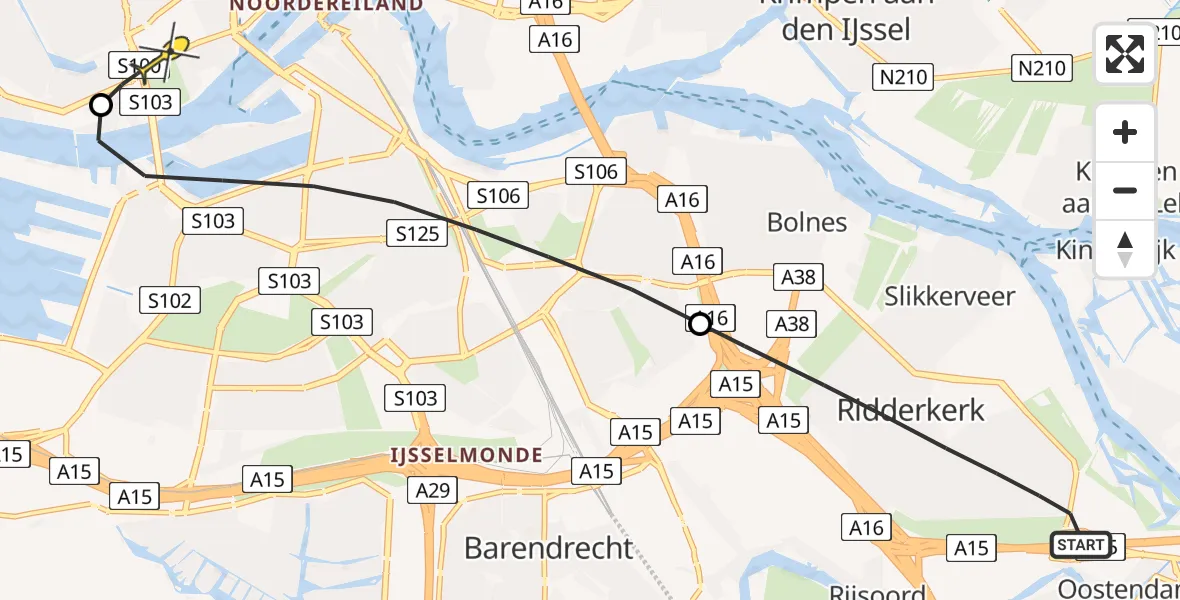 Routekaart van de vlucht: Lifeliner 2 naar Erasmus MC, Rosmolen