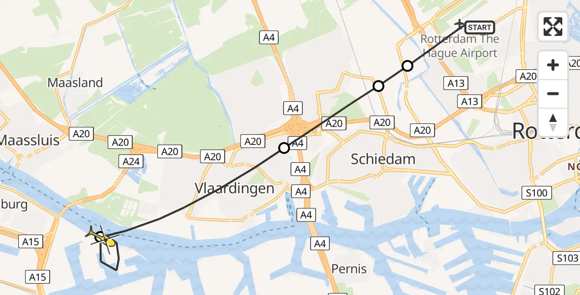 Routekaart van de vlucht: Lifeliner 2 naar Botlek, Parallelstraat Oostzijde
