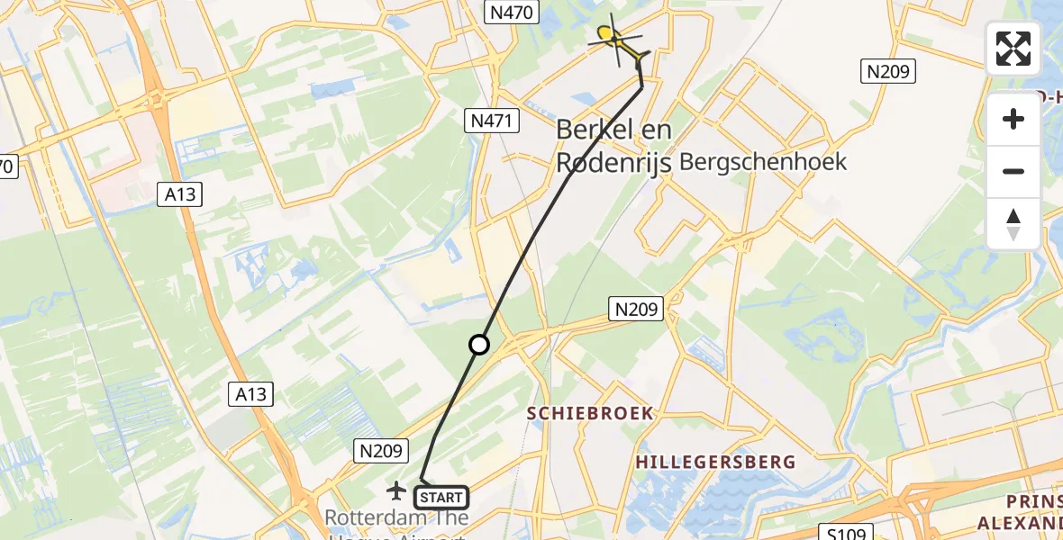 Routekaart van de vlucht: Lifeliner 2 naar Berkel en Rodenrijs, Oostmeerlaan