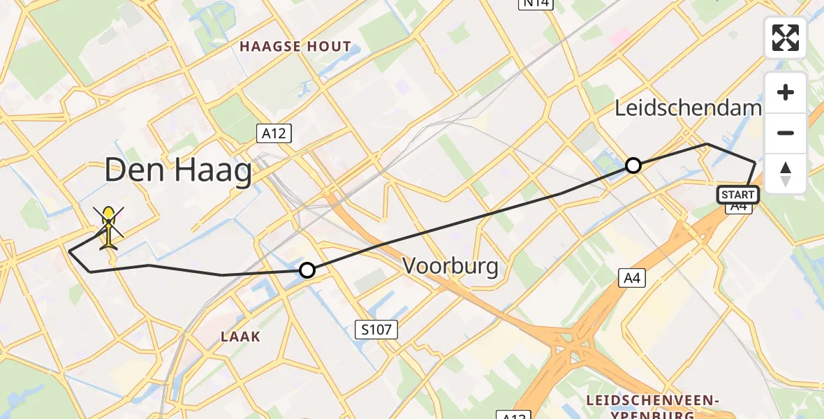 Routekaart van de vlucht: Lifeliner 1 naar Den Haag, Rijnlandstraat