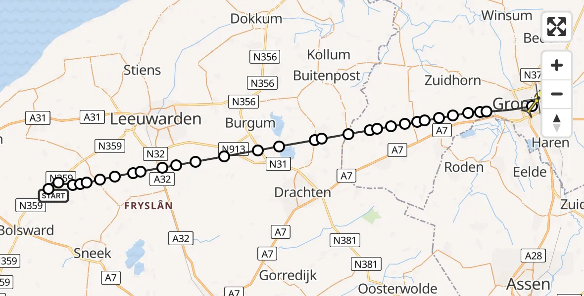 Routekaart van de vlucht: Lifeliner 4 naar Universitair Medisch Centrum Groningen, De Grits