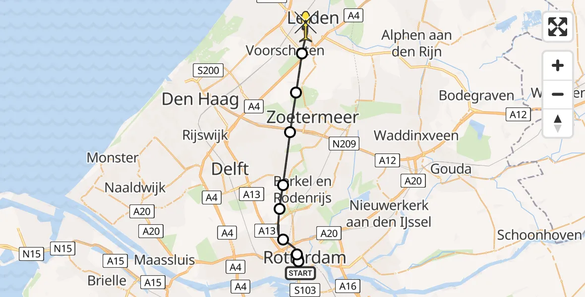 Routekaart van de vlucht: Lifeliner 2 naar Leiden, West-Kruiskade