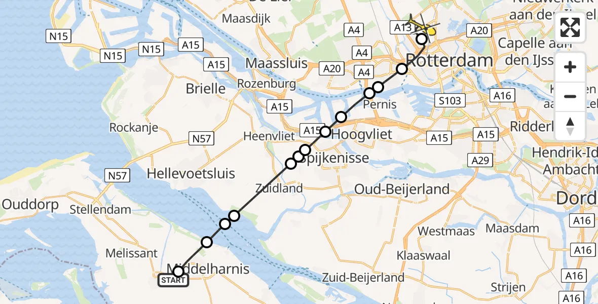 Routekaart van de vlucht: Lifeliner 2 naar Rotterdam The Hague Airport, Oudelandsedijk