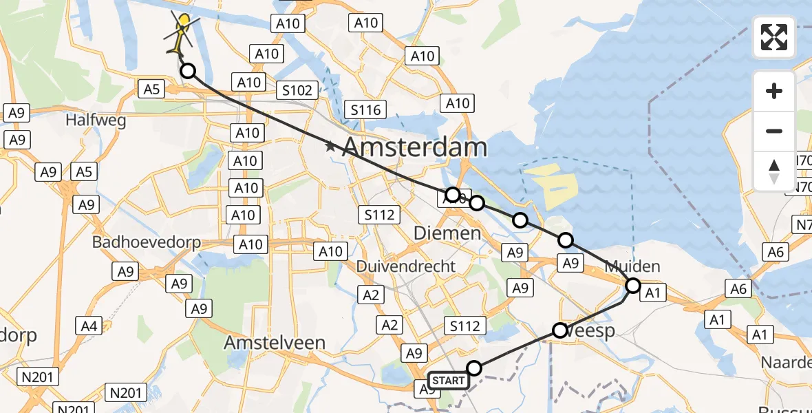 Routekaart van de vlucht: Lifeliner 1 naar Amsterdam Heliport, Schonerwoerdstraat