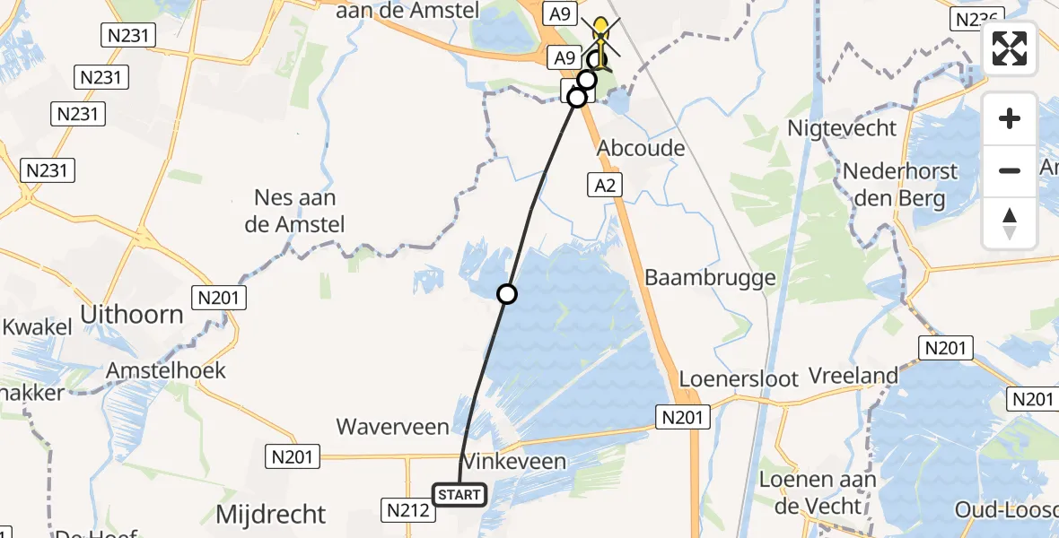 Routekaart van de vlucht: Lifeliner 1 naar Academisch Medisch Centrum (AMC), Zijtocht