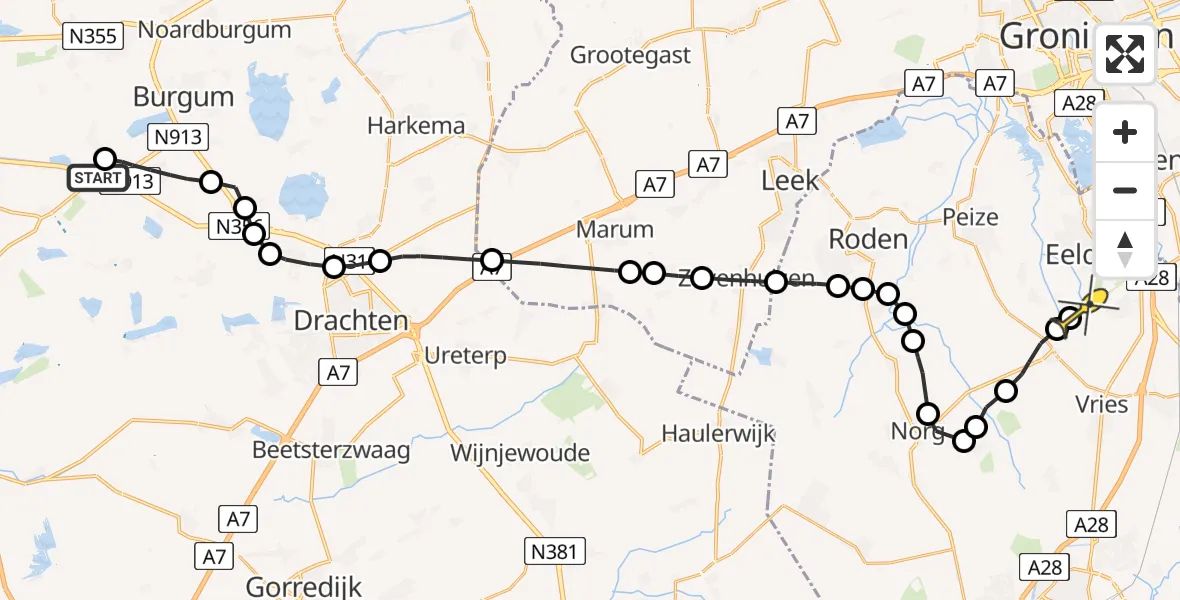 Routekaart van de vlucht: Lifeliner 4 naar Groningen Airport Eelde, Rûnwei Garyp