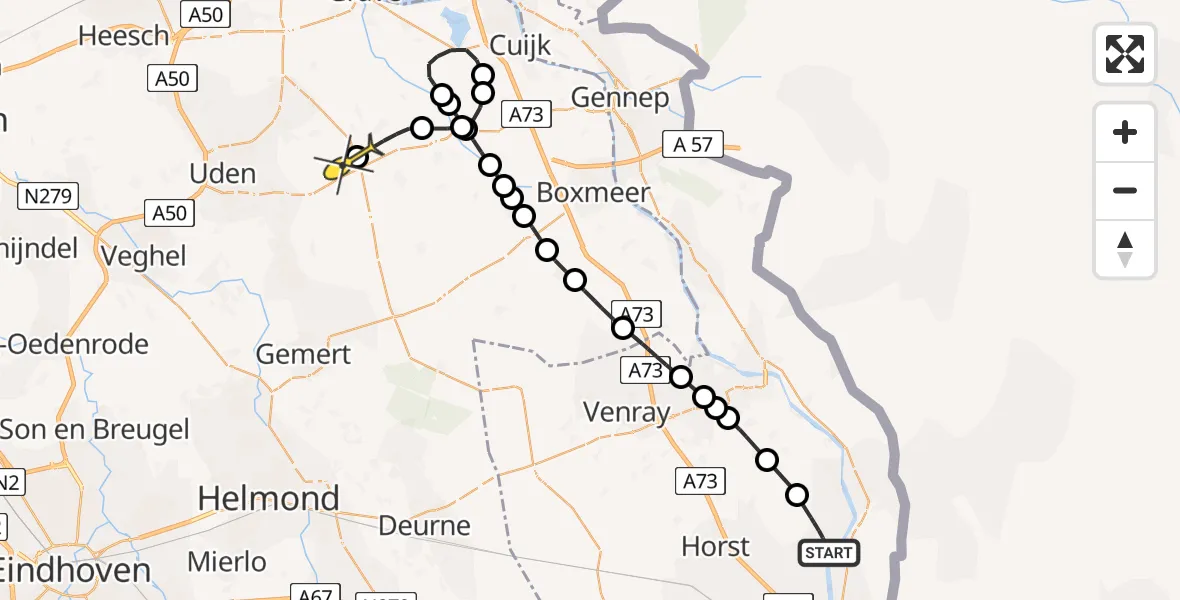 Routekaart van de vlucht: Politieheli naar Odiliapeel, Zwaanen Heike