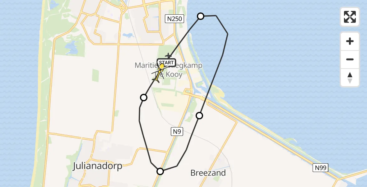 Routekaart van de vlucht: Kustwachthelikopter naar Vliegveld De Kooy, Oostoeverweg