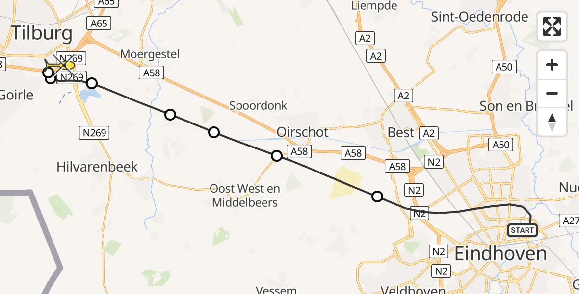 Routekaart van de vlucht: Lifeliner 3 naar Tilburg, van Oldenbarneveltlaan