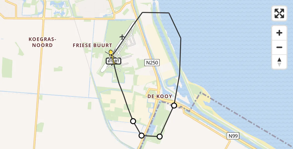 Routekaart van de vlucht: Kustwachthelikopter naar Vliegveld De Kooy, Oostoeverweg