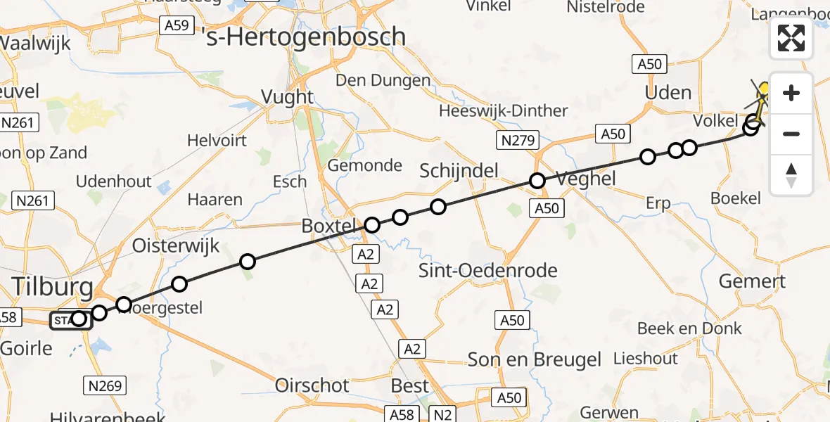 Routekaart van de vlucht: Lifeliner 3 naar Vliegbasis Volkel, Hilvarenbeekseweg