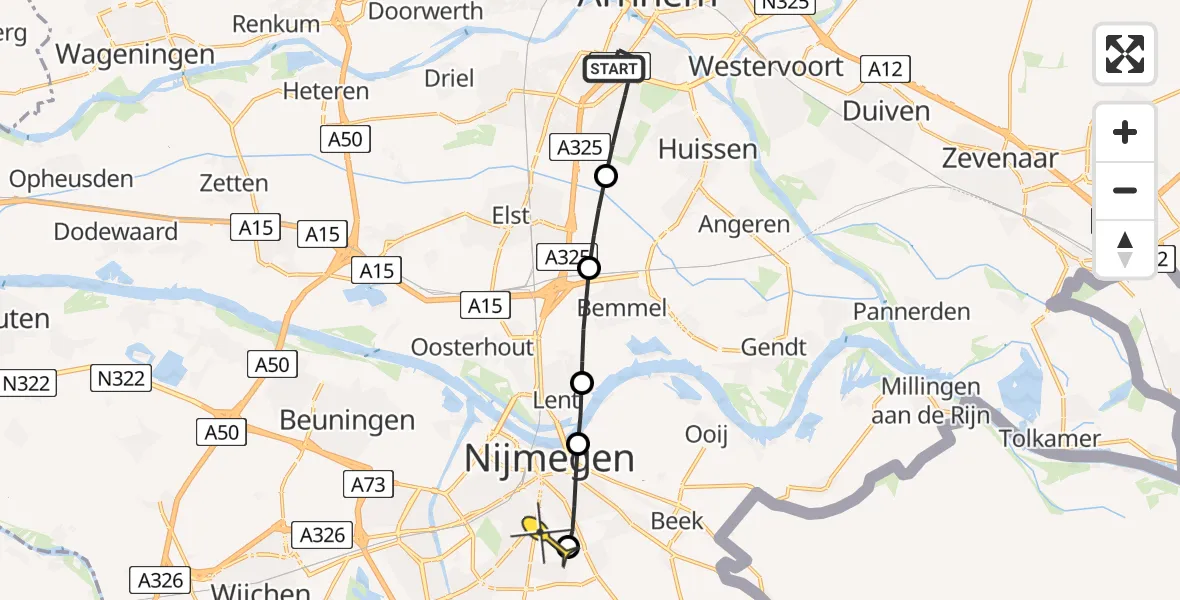 Routekaart van de vlucht: Lifeliner 3 naar Radboud Universitair Medisch Centrum, Groningensingel