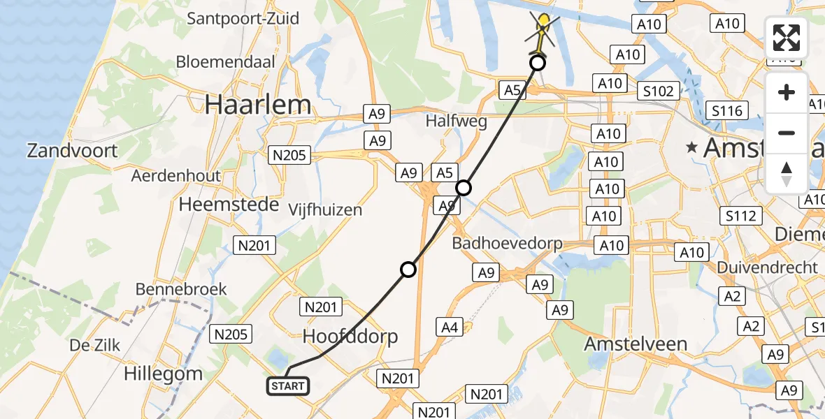 Routekaart van de vlucht: Lifeliner 1 naar Amsterdam Heliport, Hoofdweg