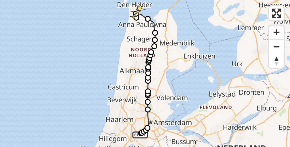 Routekaart van de vlucht: Politiehelikopter naar Vliegveld De Kooy, Kraayveldstraat