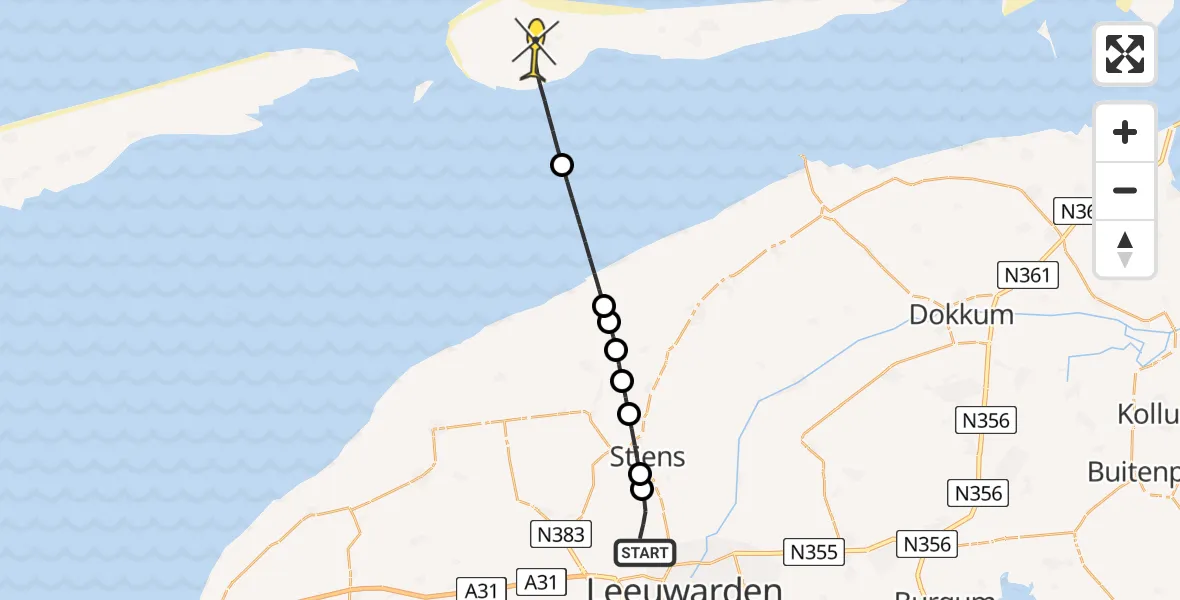 Routekaart van de vlucht: Ambulancehelikopter naar Ameland Airport Ballum, Keegsdijkje