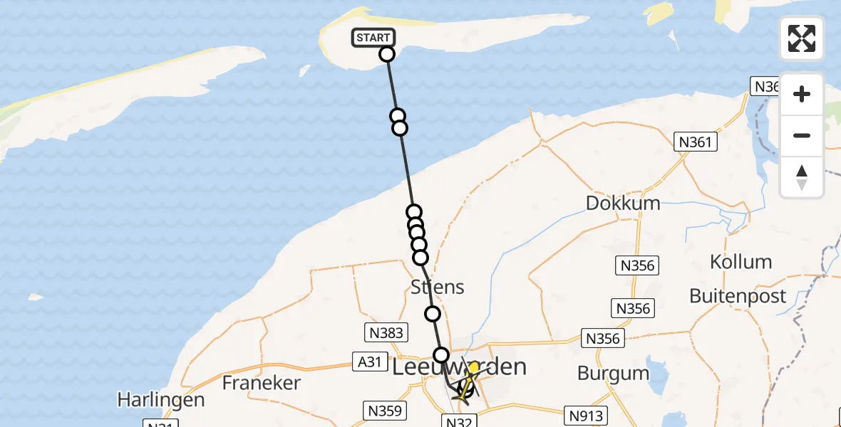 Routekaart van de vlucht: Ambulancehelikopter naar Leeuwarden, Zuiderweg