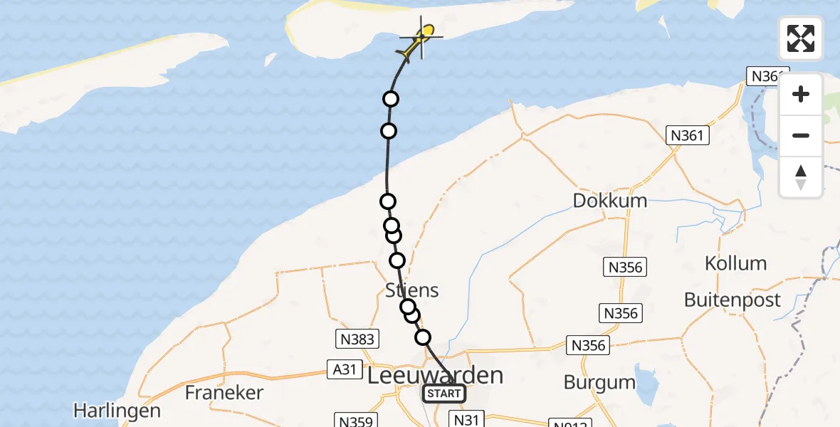 Routekaart van de vlucht: Ambulancehelikopter naar Nes, Aldlânsdyk