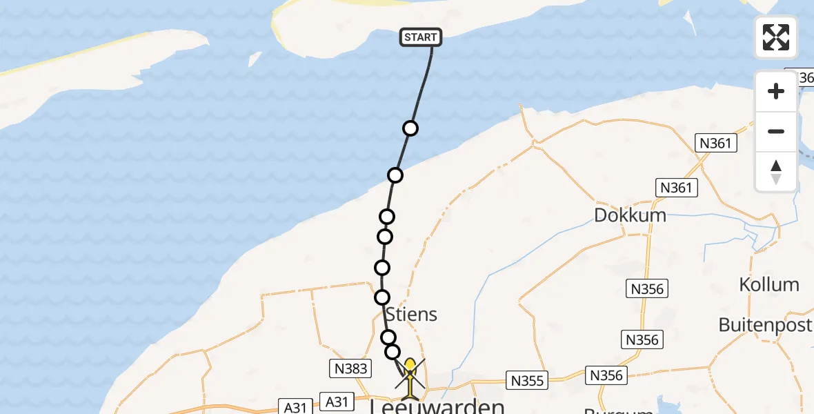 Routekaart van de vlucht: Ambulanceheli naar Vliegbasis Leeuwarden, Veerbootroute Ameland