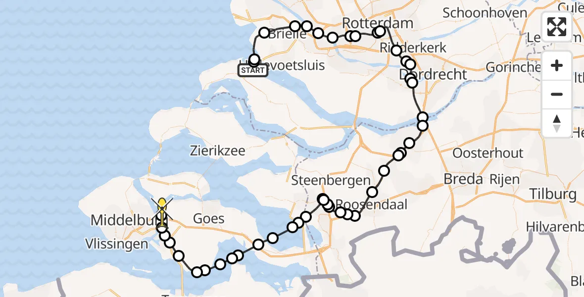 Routekaart van de vlucht: Kustwachthelikopter naar Vliegveld Midden-Zeeland, Dammenweg