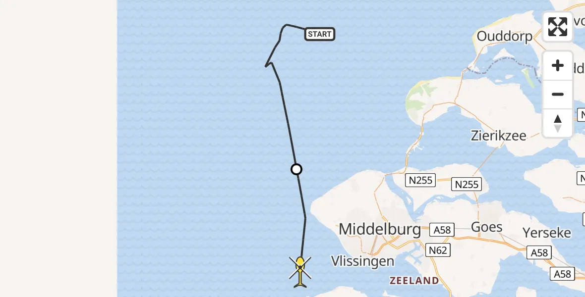 Routekaart van de vlucht: Politiehelikopter naar Vlissingen, Schouwenbank waverider