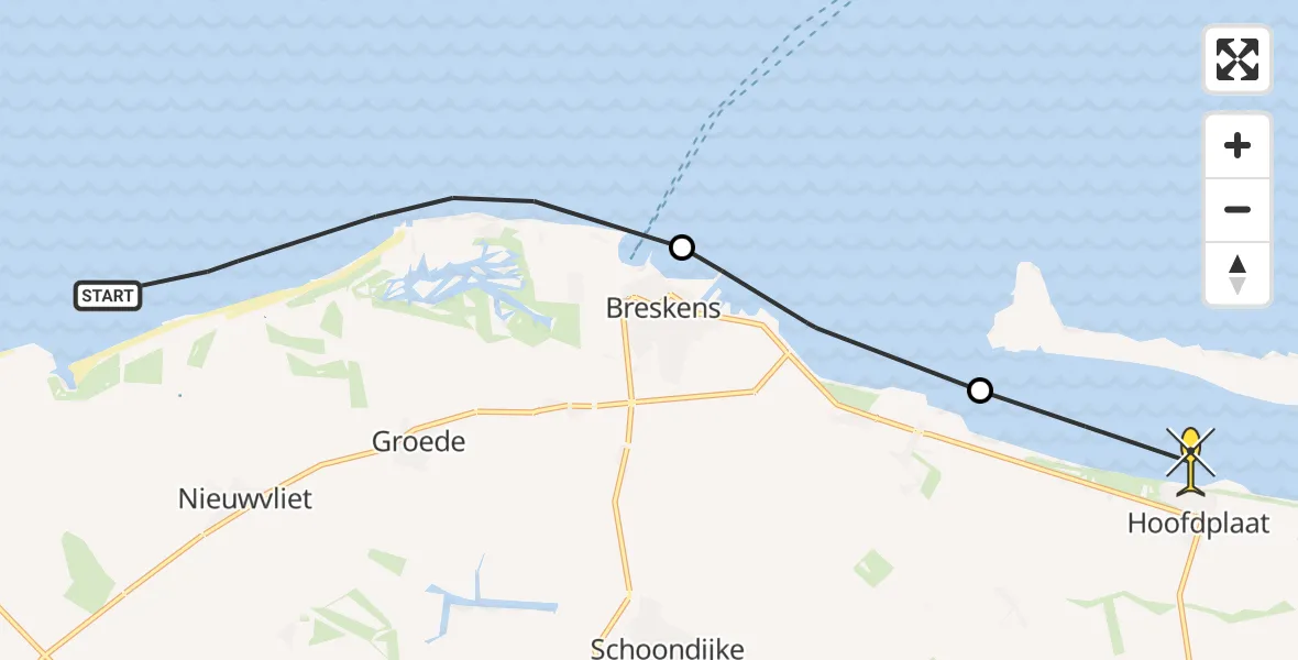Routekaart van de vlucht: Politieheli naar Hoofdplaat, Zeeweg