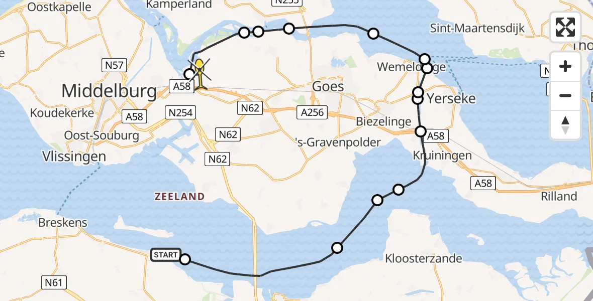 Routekaart van de vlucht: Politieheli naar Vliegveld Midden-Zeeland, Lage Springer