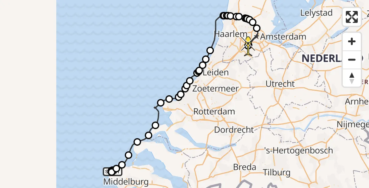 Routekaart van de vlucht: Politieheli naar Schiphol, Strand Domburg
