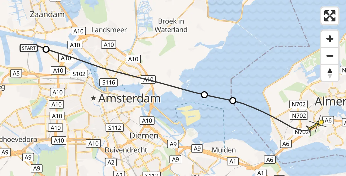 Routekaart van de vlucht: Lifeliner 1 naar Almere, Westhavenweg