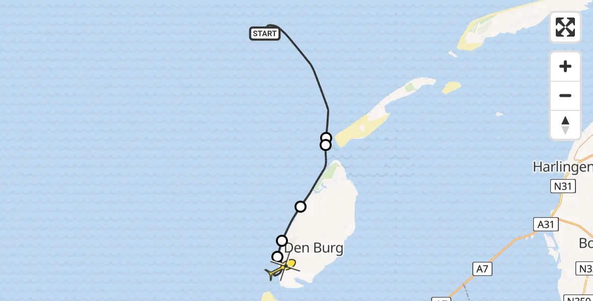 Routekaart van de vlucht: Kustwachthelikopter naar Den Hoorn, Grote Vlak