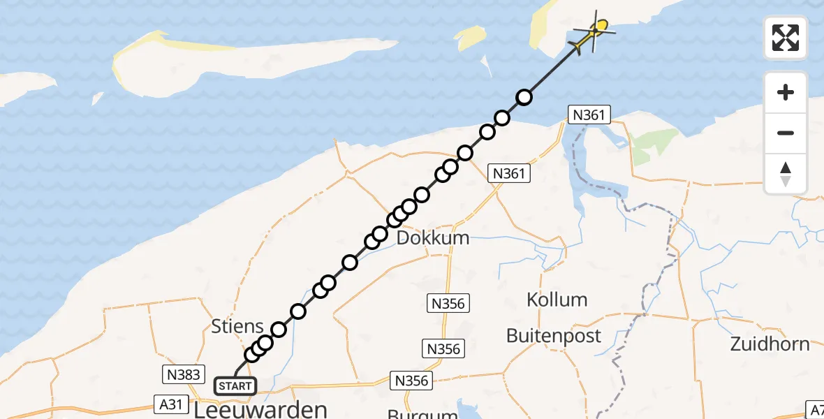 Routekaart van de vlucht: Ambulancehelikopter naar Schiermonnikoog, Keegsdijkje