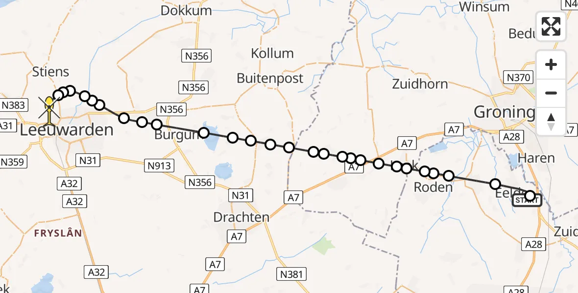 Routekaart van de vlucht: Ambulanceheli naar Vliegbasis Leeuwarden, Oosterbroek