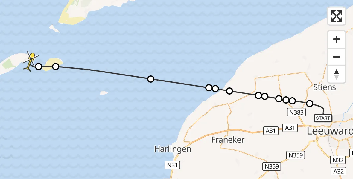 Routekaart van de vlucht: Ambulancehelikopter naar Vlieland Heliport, Keegsdijkje