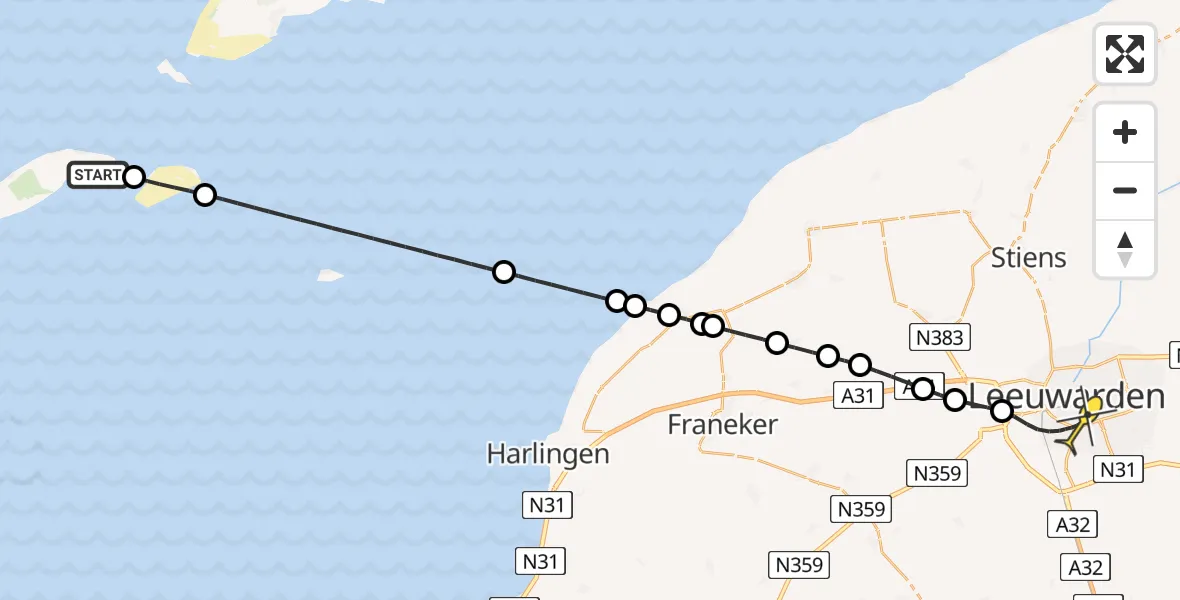 Routekaart van de vlucht: Ambulancehelikopter naar Leeuwarden, Vliesloot