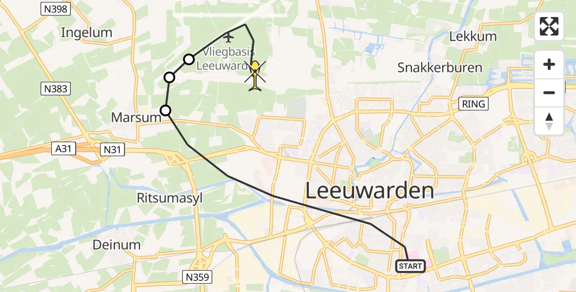 Routekaart van de vlucht: Ambulanceheli naar Vliegbasis Leeuwarden, Van Harenstraat
