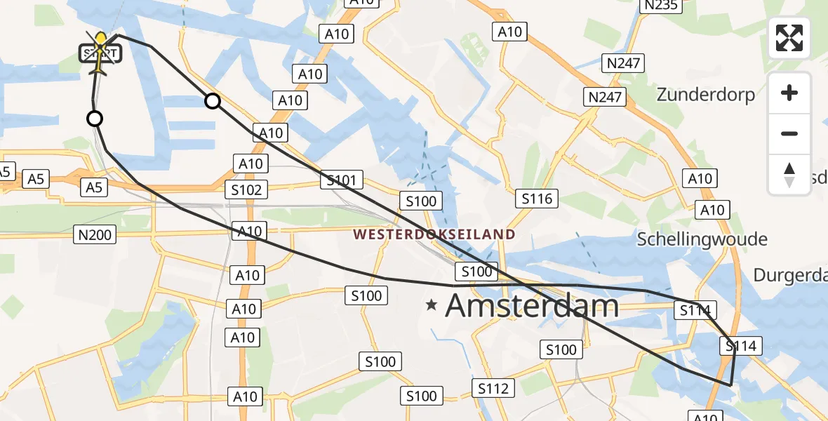 Routekaart van de vlucht: Lifeliner 1 naar Amsterdam Heliport, Westhavenweg