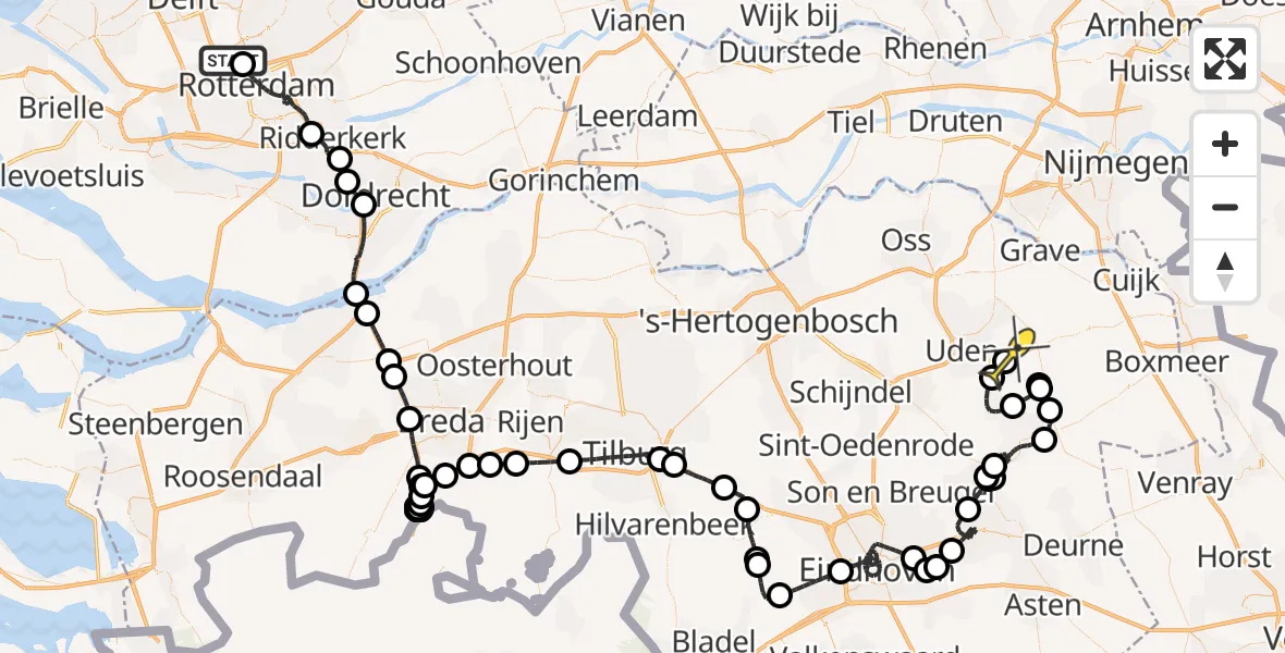 Routekaart van de vlucht: Politieheli naar Vliegbasis Volkel, Tinbergenlaan