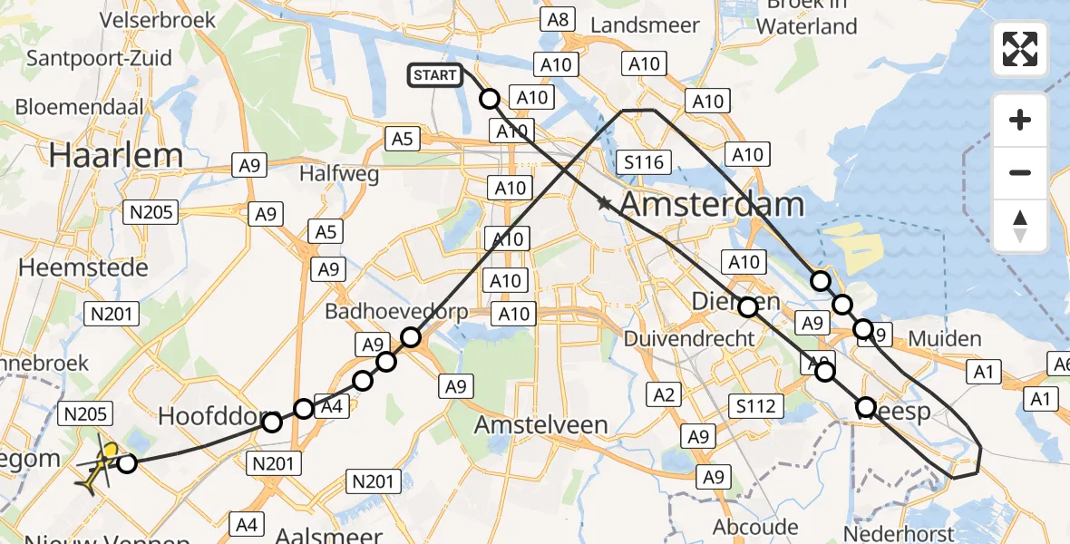 Routekaart van de vlucht: Lifeliner 1 naar Nieuw-Vennep, Westhavenweg