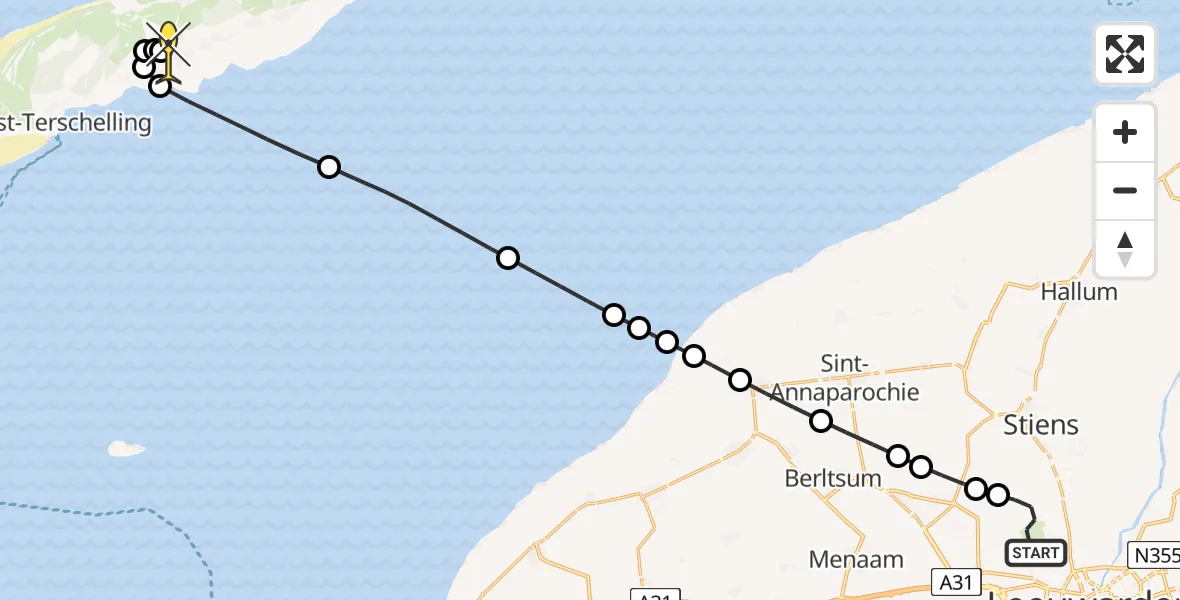 Routekaart van de vlucht: Ambulanceheli naar Midsland, Keegsdijkje