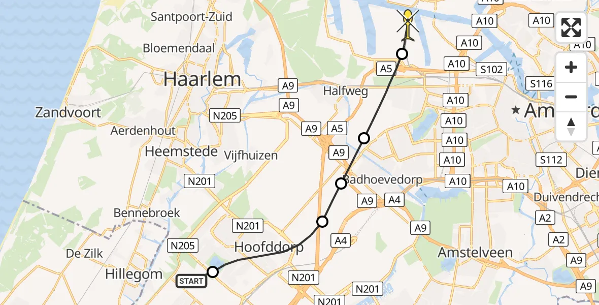 Routekaart van de vlucht: Lifeliner 1 naar Amsterdam Heliport, Bennebroekerweg