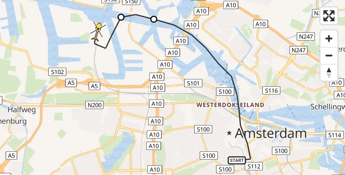 Routekaart van de vlucht: Lifeliner 1 naar Amsterdam Heliport, Valkenburgerstraat
