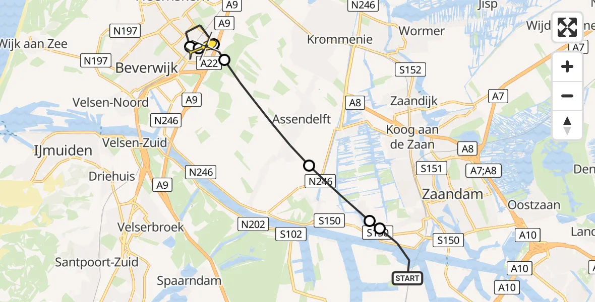 Routekaart van de vlucht: Lifeliner 1 naar Heemskerk, Veerzagerssloot