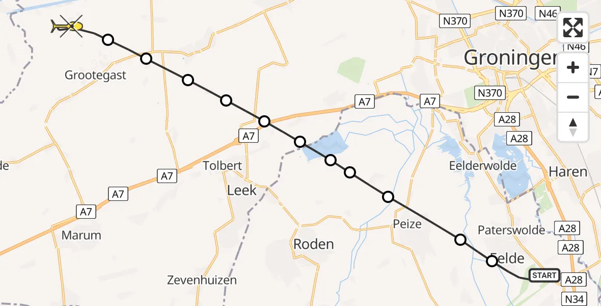 Routekaart van de vlucht: Lifeliner 4 naar Lutjegast, Molenweg